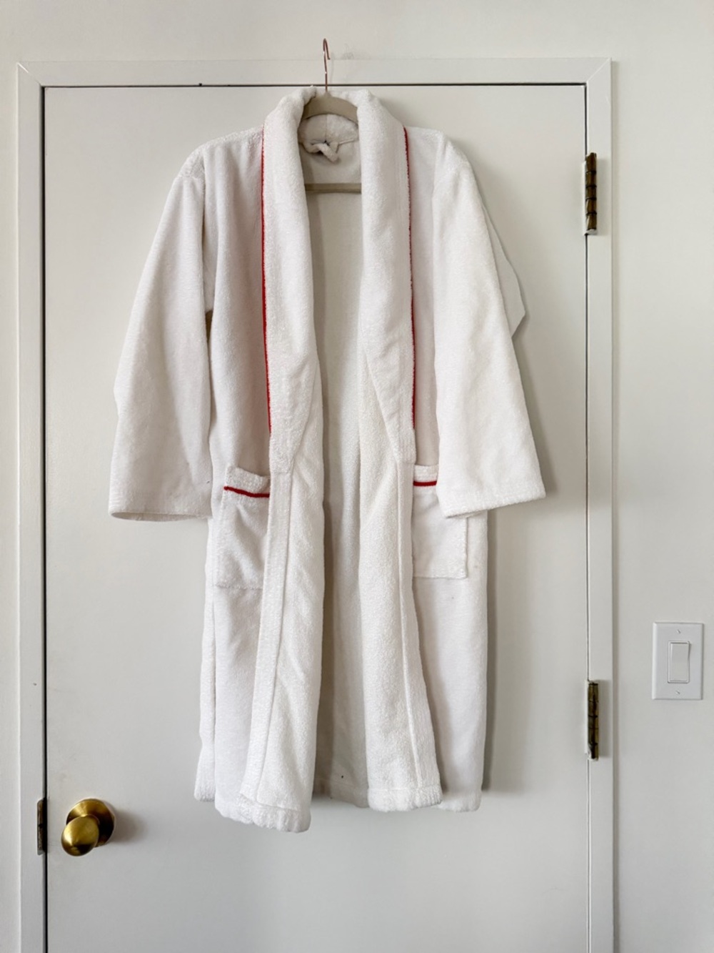 White Plush Bathrobe with Red Trim